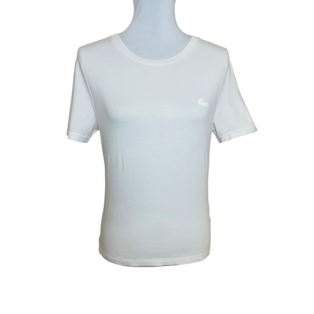 Lacoste Women's Crocodile Logo Crew Neck Cotton Blend Slim Fit T-Shirt White Siz